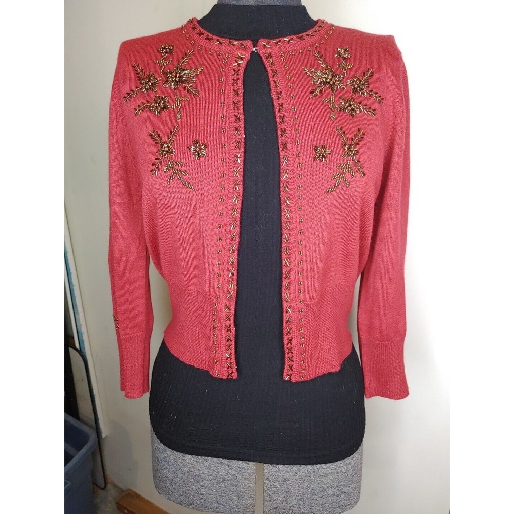 Women's Beaded Bandolino Burgandy Sz M Embellished Cardigan Sweater Stylish Warm